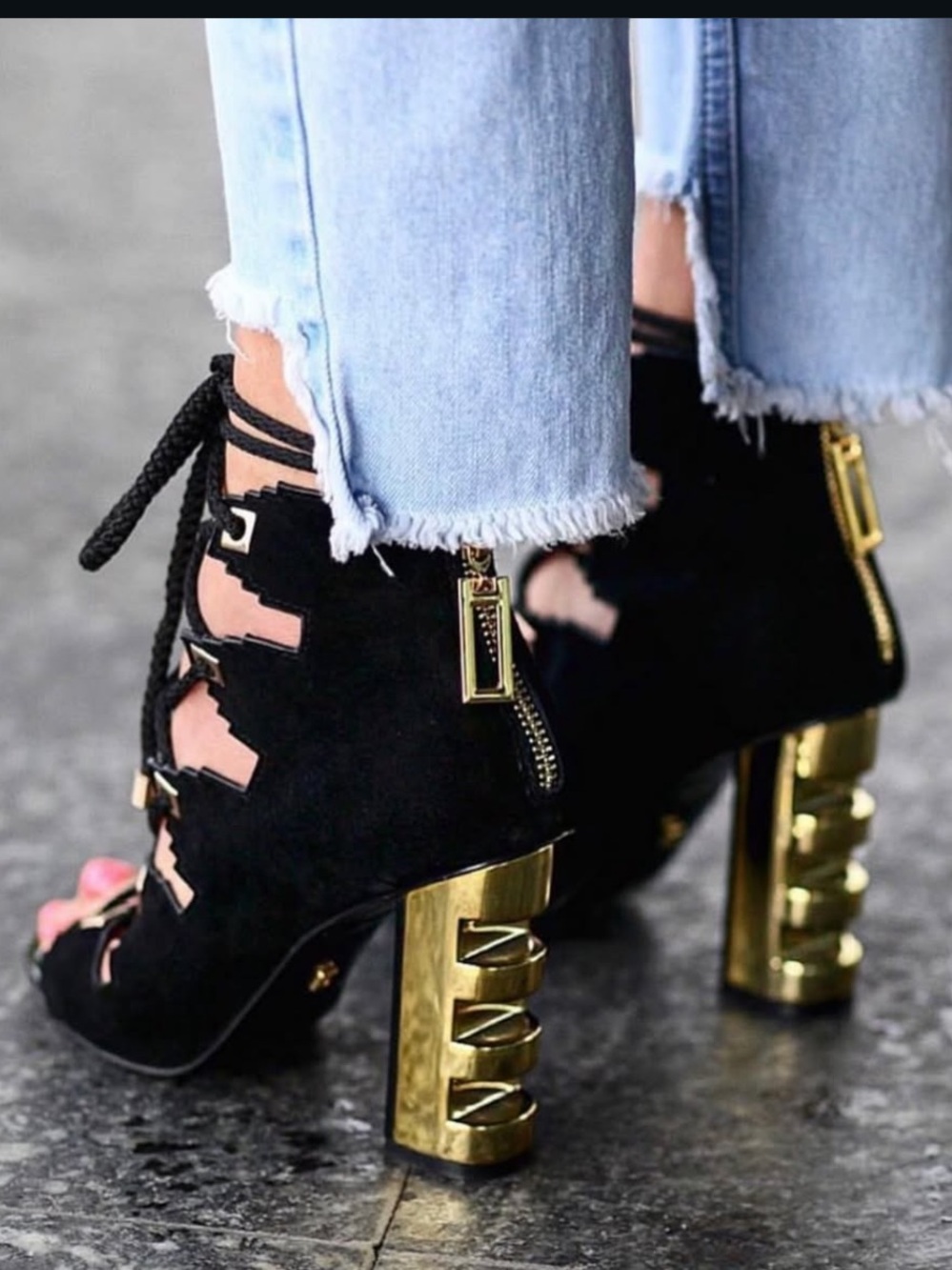 Kat Maconie Betsey Black Suede Lace-Up Heels with Gold Architectural Block Heel
